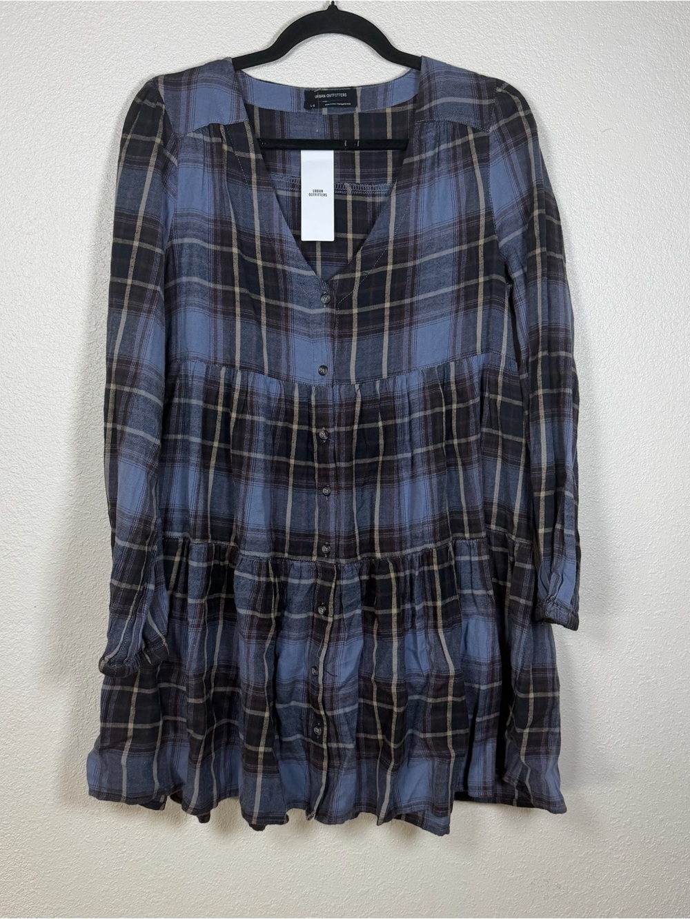 NWT Urban Outfitters L Plaid Babydoll Shirt Dress Long Sleeve Tiered Smocked